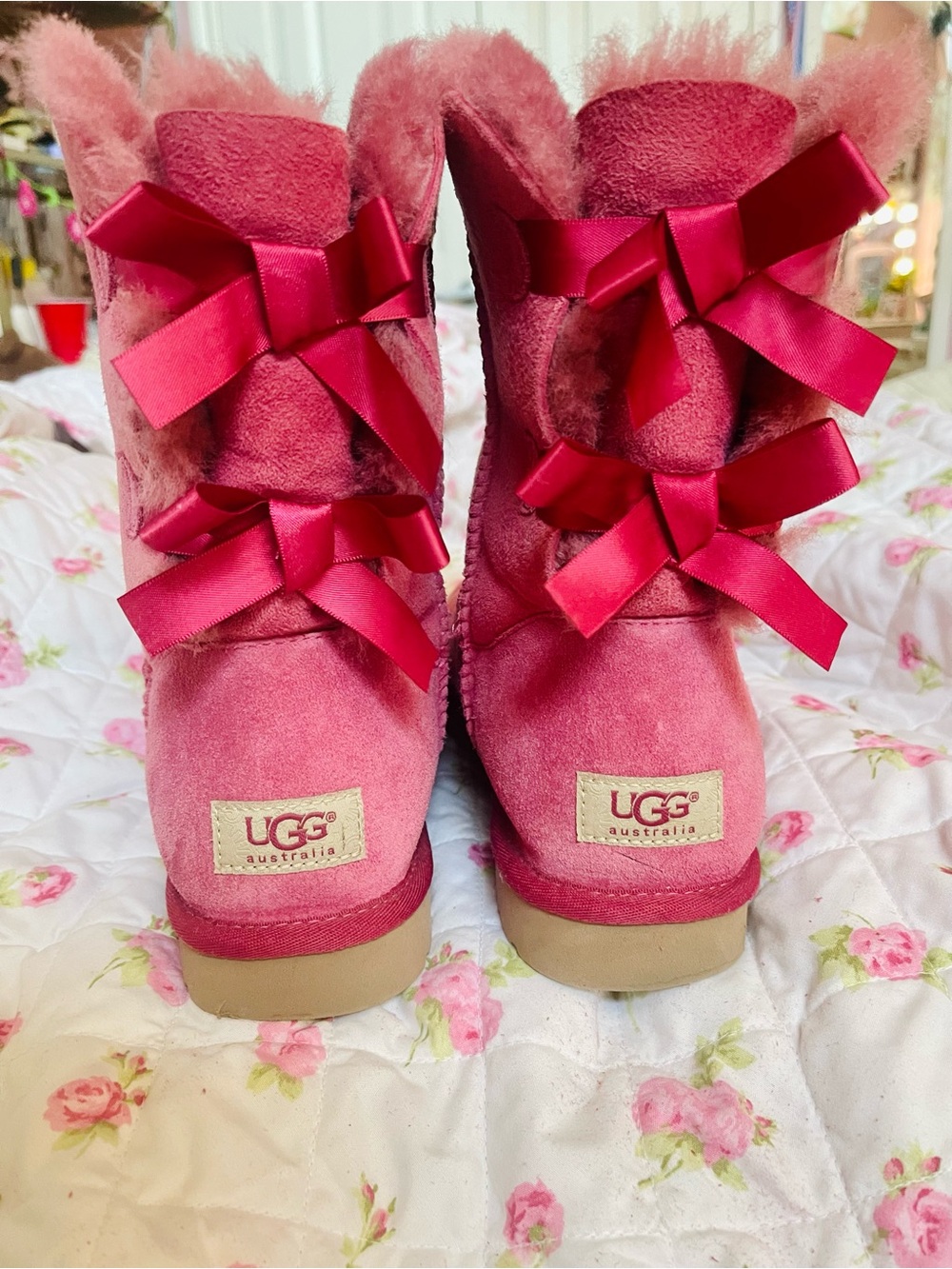 UGG Pink Suede Bow-Back Cozy Boots